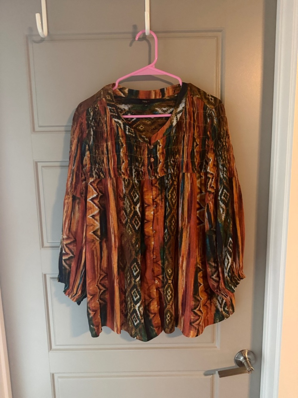 intro. Rust and Green Ethnic-Pattern Button Front Blouse